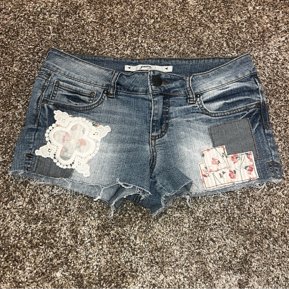 Grane Blue Jean Shorts with Distressed Lace Patch